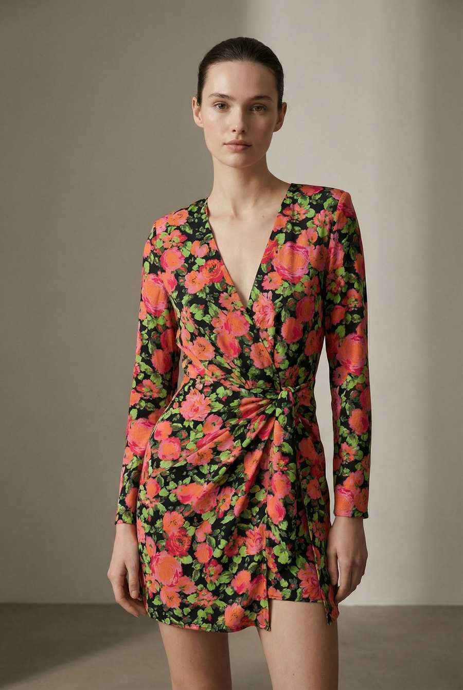 Robe Portefeuille courte Fleuri Noir Et Rose Manches Longues