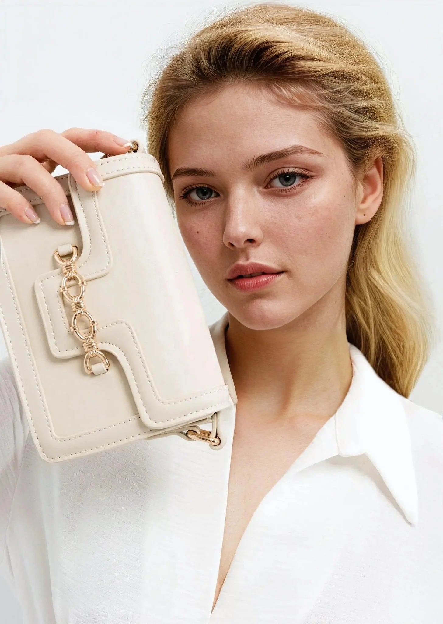 Femme tenant un sac à main crossbody beige en faux-leather avec chaîne or