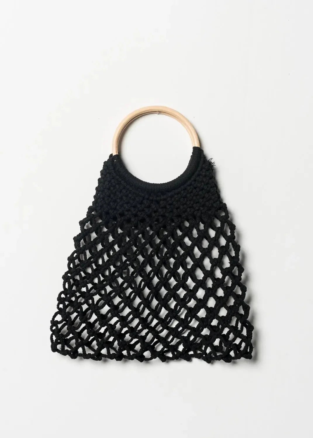 Sac à main noir en macramé avec poignée ronde en bois, style main noir élégante