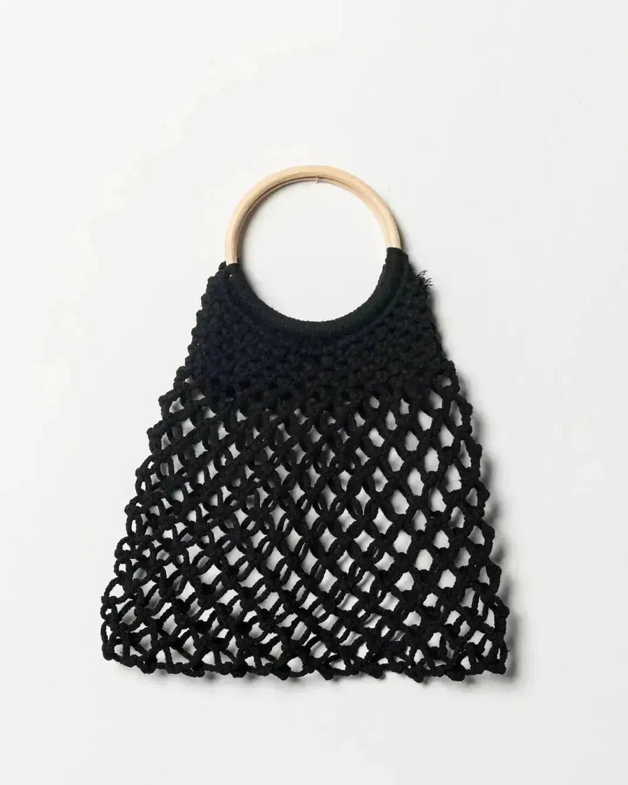 Sac à main noir en macramé avec poignée ronde en bois, style main noir élégante