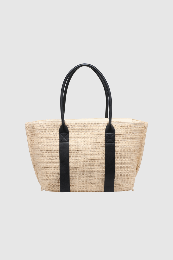 Sac cabas beige en raphia tressé à anses noires, vue de face
