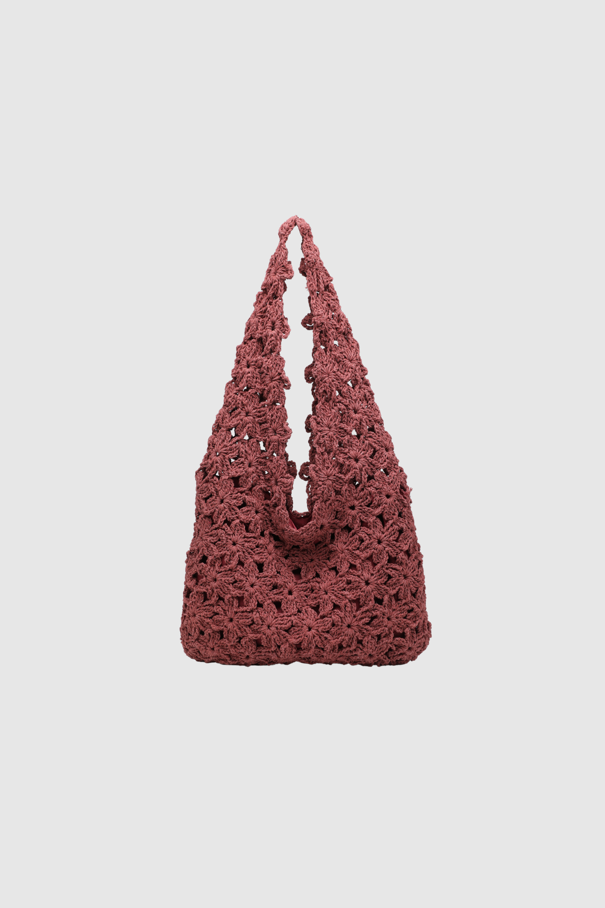 Sac bordeaux en crochet à motifs fleurs, vue de face