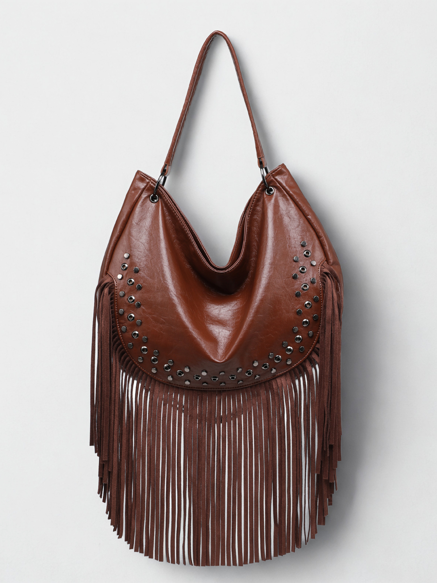 Sac hobo à franges camel avec clous