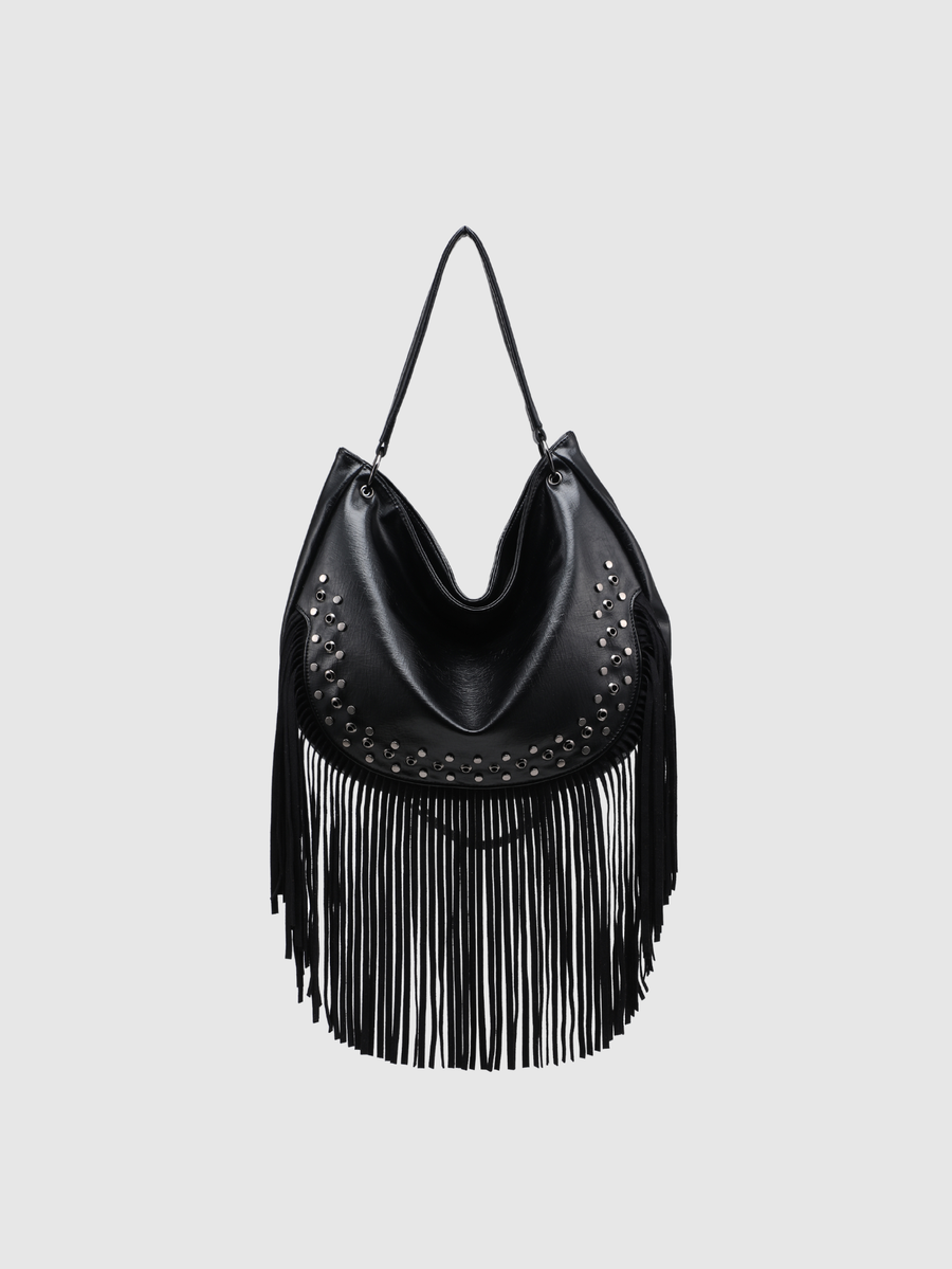 Sac hobo à franges noir avec clous