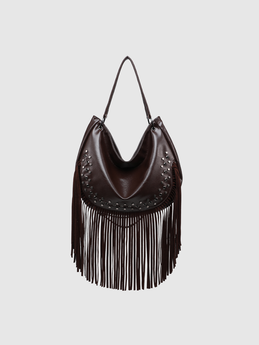 Sac hobo à franges marron avec clous