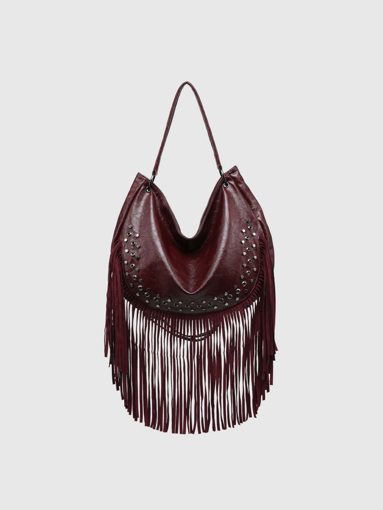 Sac hobo à franges bordeaux avec clous