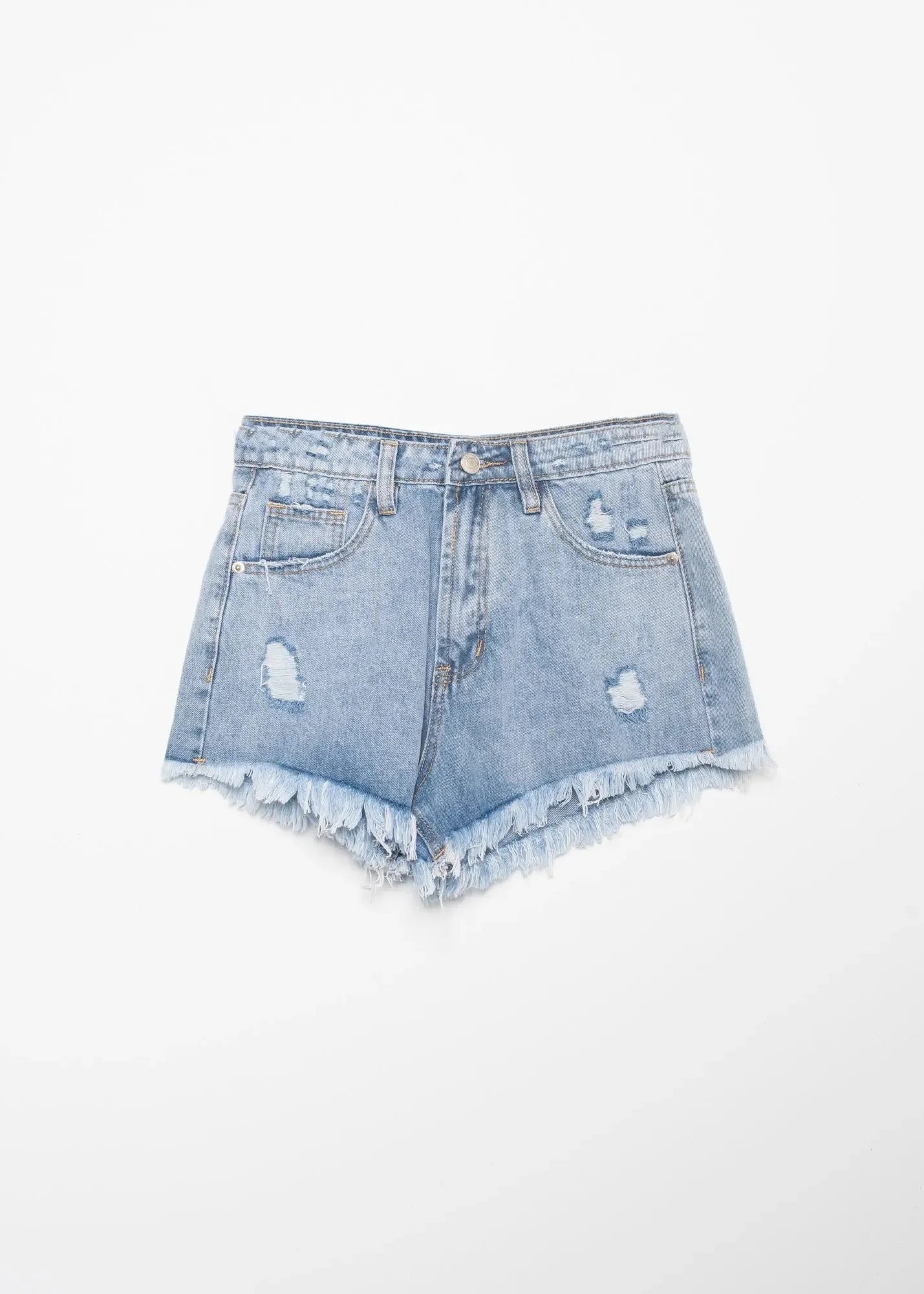 Short denim effiloché avec délavé clair, déchirures et ourlets effilochés