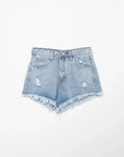 Short denim effiloché avec délavé clair, déchirures et ourlets effilochés