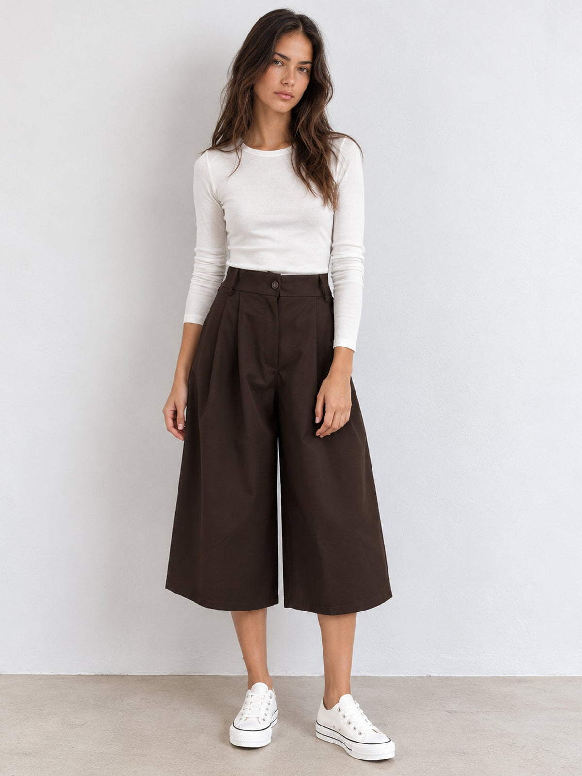 Jupe culotte marron en twill taille haute