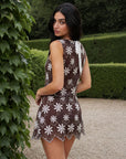 Short Jupe mini brune fleurie à ourlet festonné