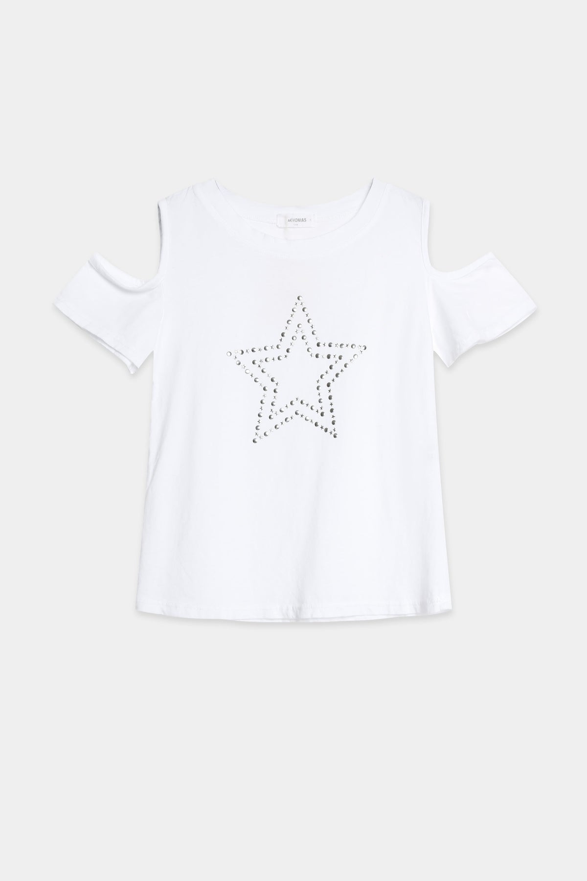 Tee-shirt blanc à épaules ajourées et étoile, présenté à plat