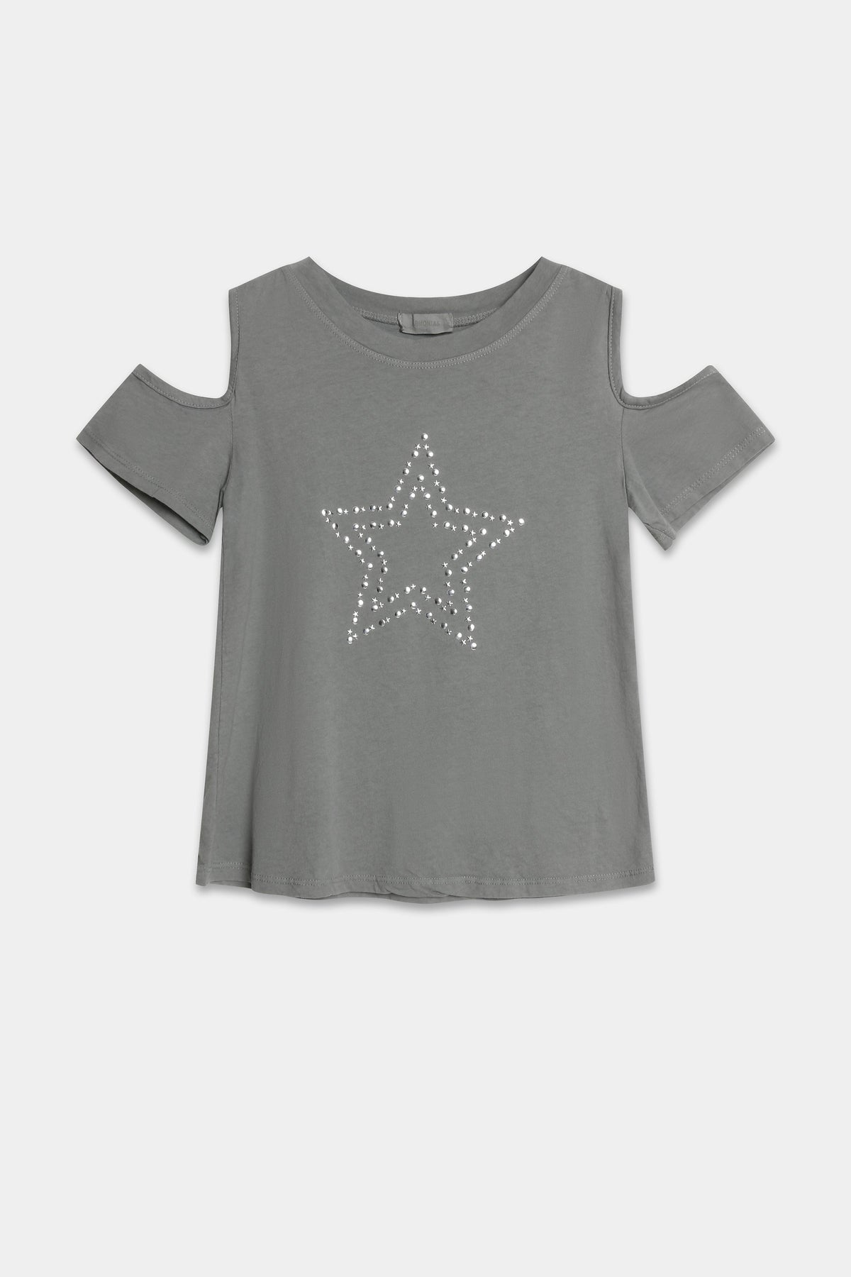 Tee-shirt gris à épaules ajourées et étoile, présenté à plat