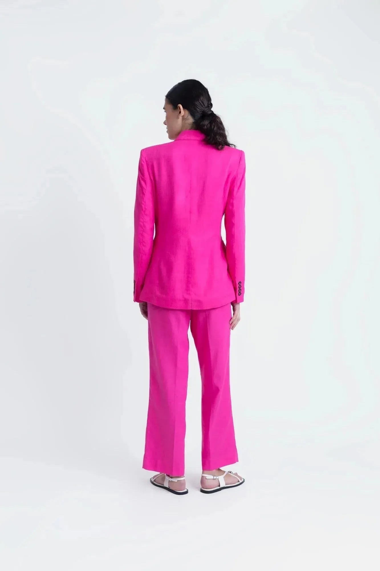 Fuchsia pink linen pants – Women's high waist, elegant straight