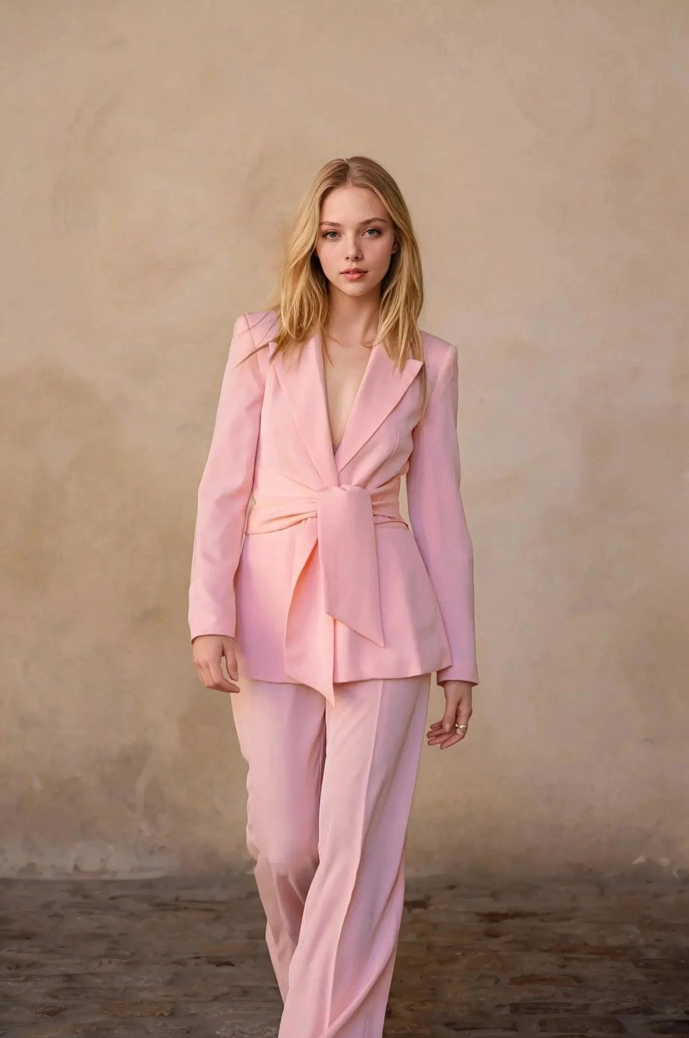 Pantalon droit rose pâle avec blazer ceinturé, élégante tenue pantalon droit