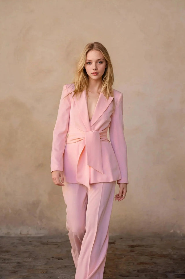 Pantalon rose femme ceinturé pour toutes occasions, femme marchant avec assurance dans une tenue chic et moderne.