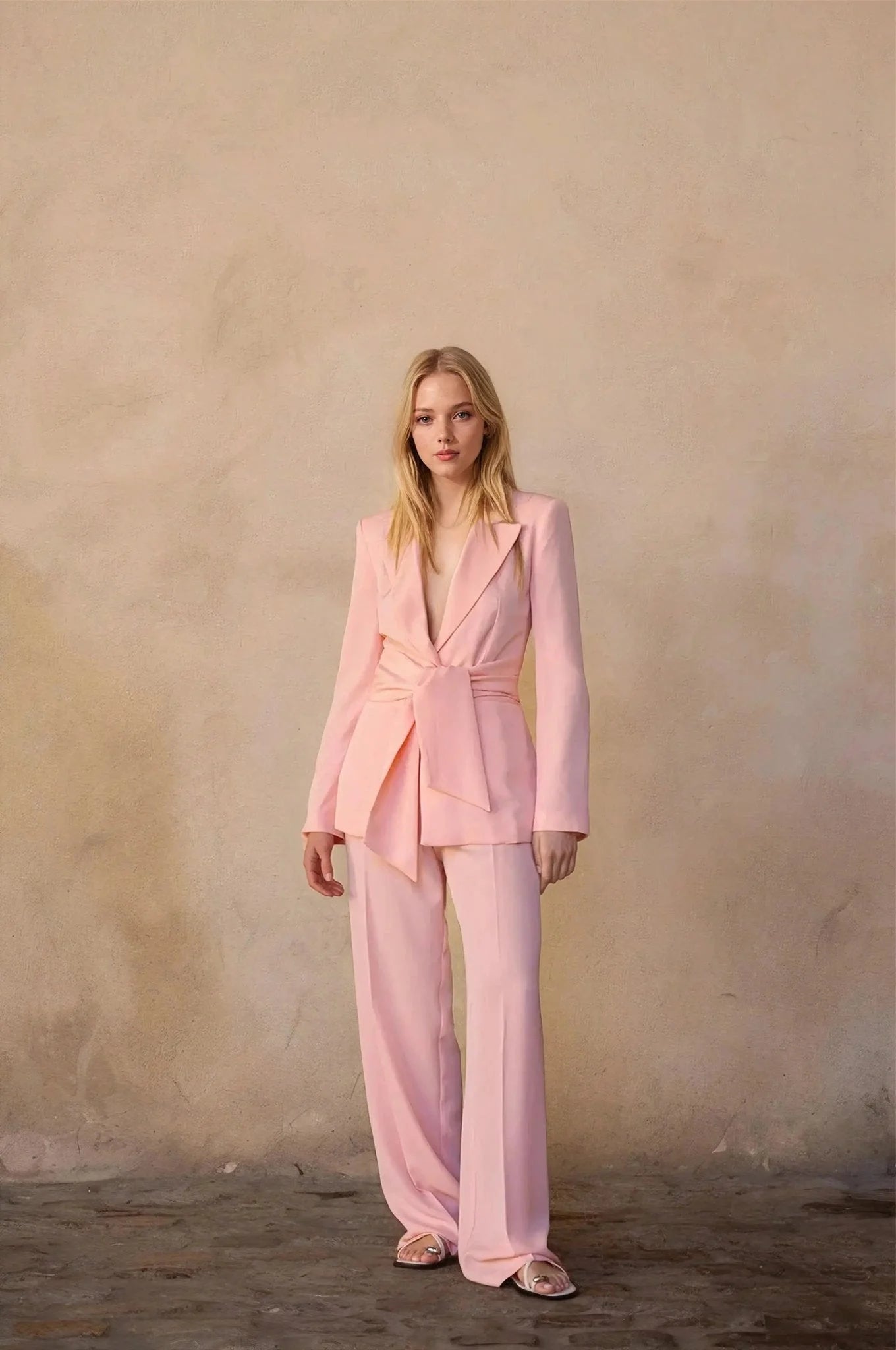 Femme blonde en pantalon droit rose pâle et blazer ceinturé pour pantalons droits