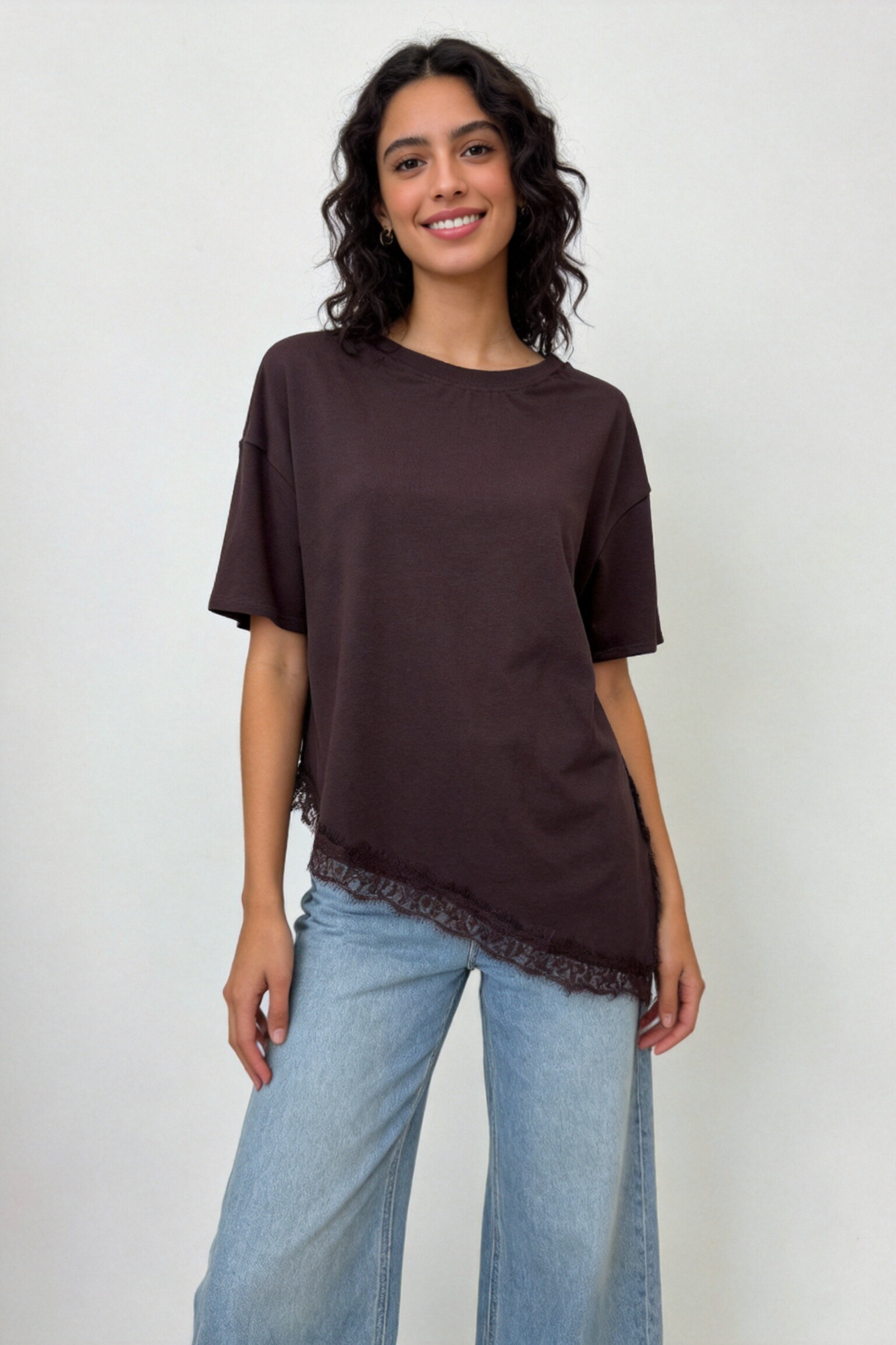 Top ourlet dentelle chocolat