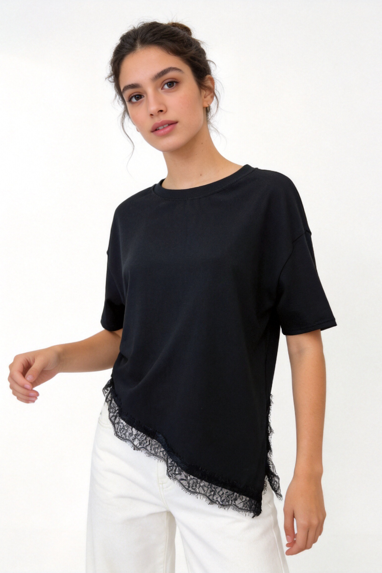 Top ourlet dentelle noir