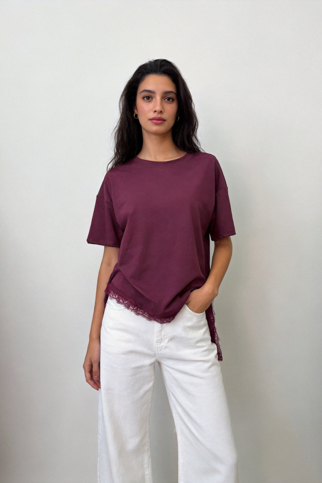 Top ourlet dentelle bordeaux