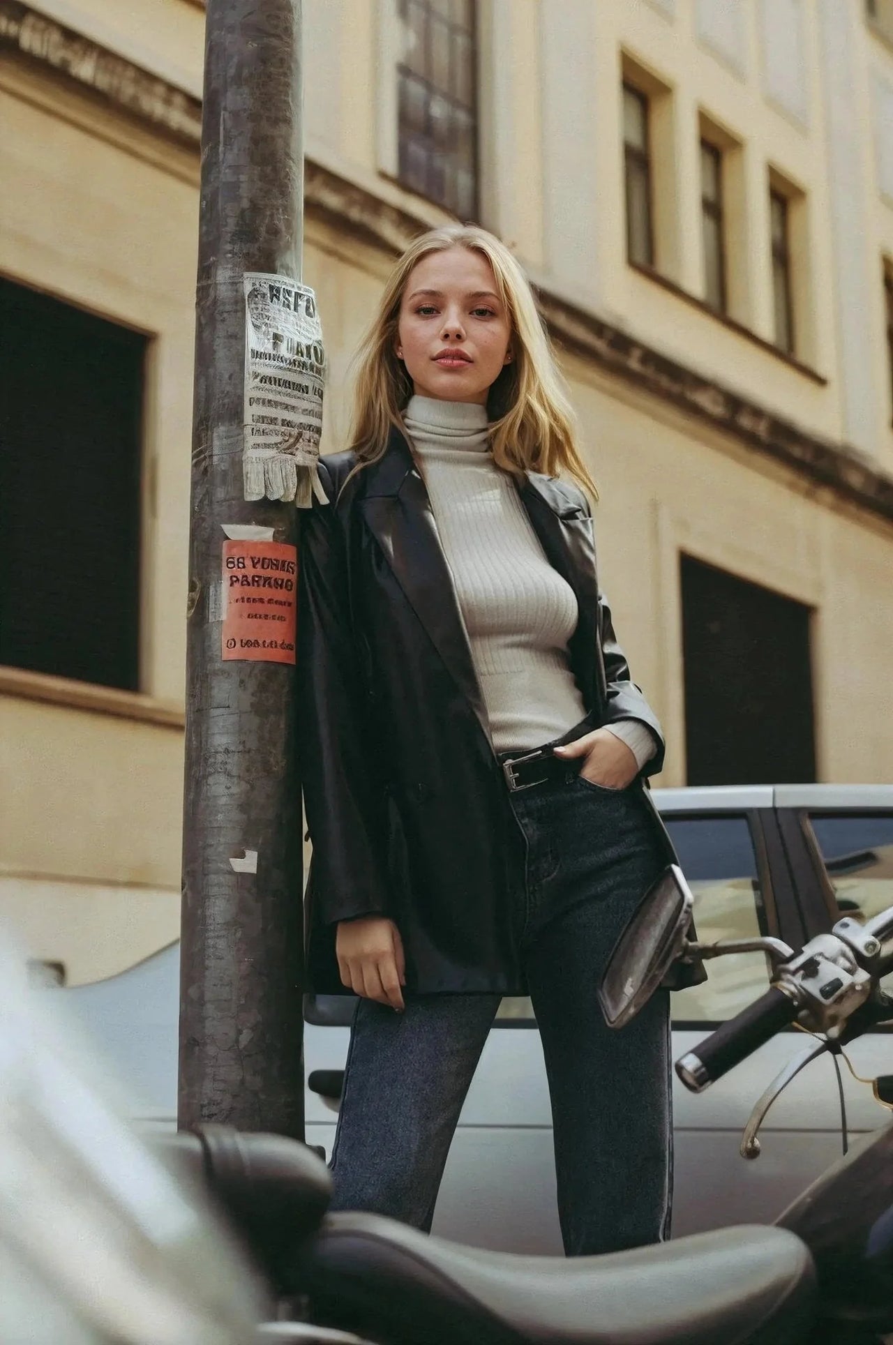 Jeune femme portant un blazer noir, turtleneck gris clair et jeans taille haute coupe droite