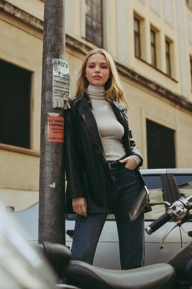 Jeune femme portant un blazer noir, turtleneck gris clair et jeans taille haute coupe droite