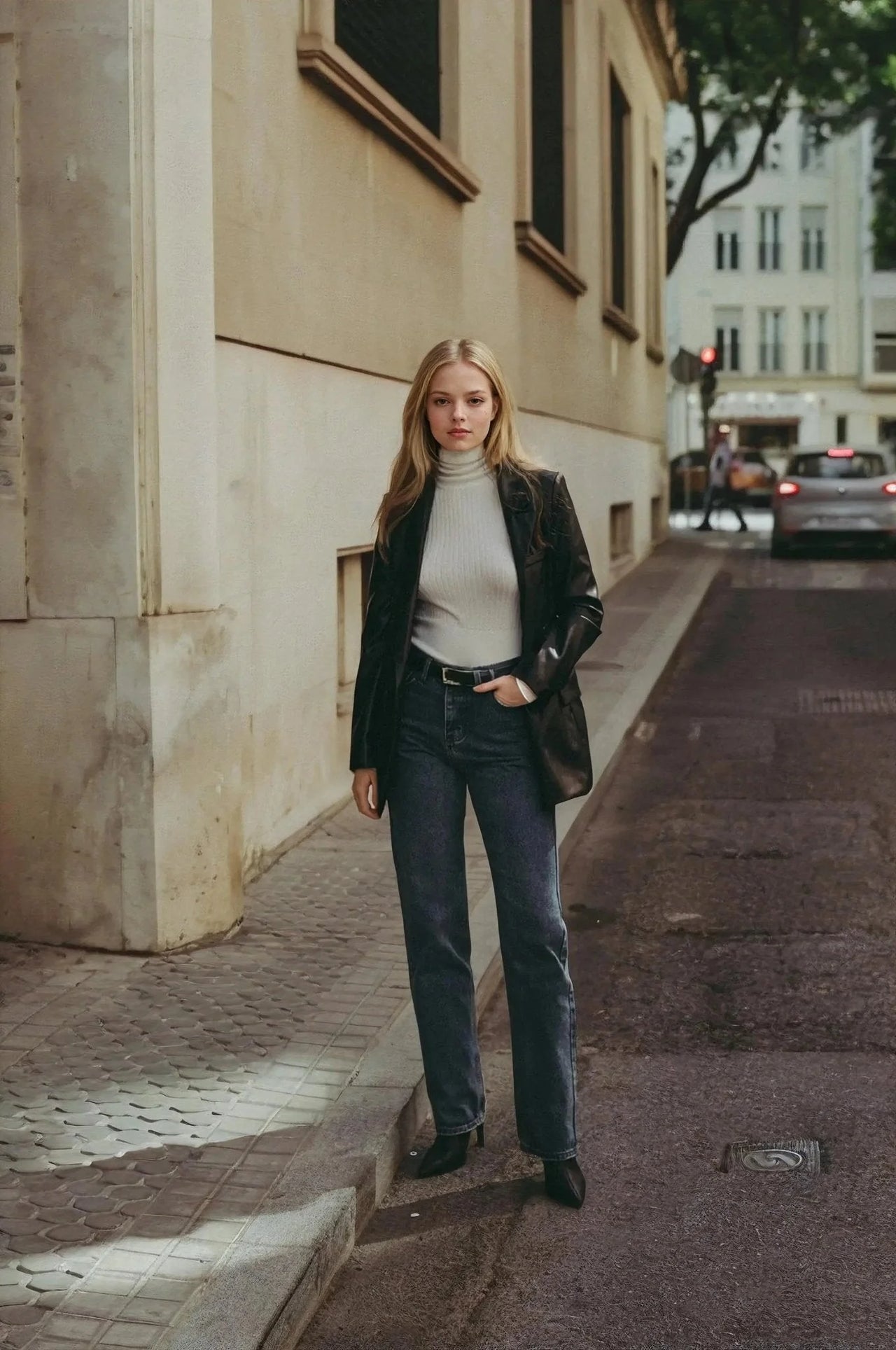 Jeans taille haute coupe droite, capacité à flatter la silhouette d’une jeune femme blonde