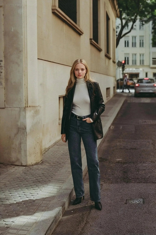 Jeans taille haute coupe droite, capacité à flatter la silhouette d’une jeune femme blonde