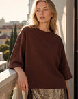 Top brun col rond bas pailleté et dentelle