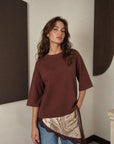 Top brun col rond bas pailleté et dentelle