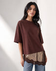 Top brun col rond bas pailleté et dentelle