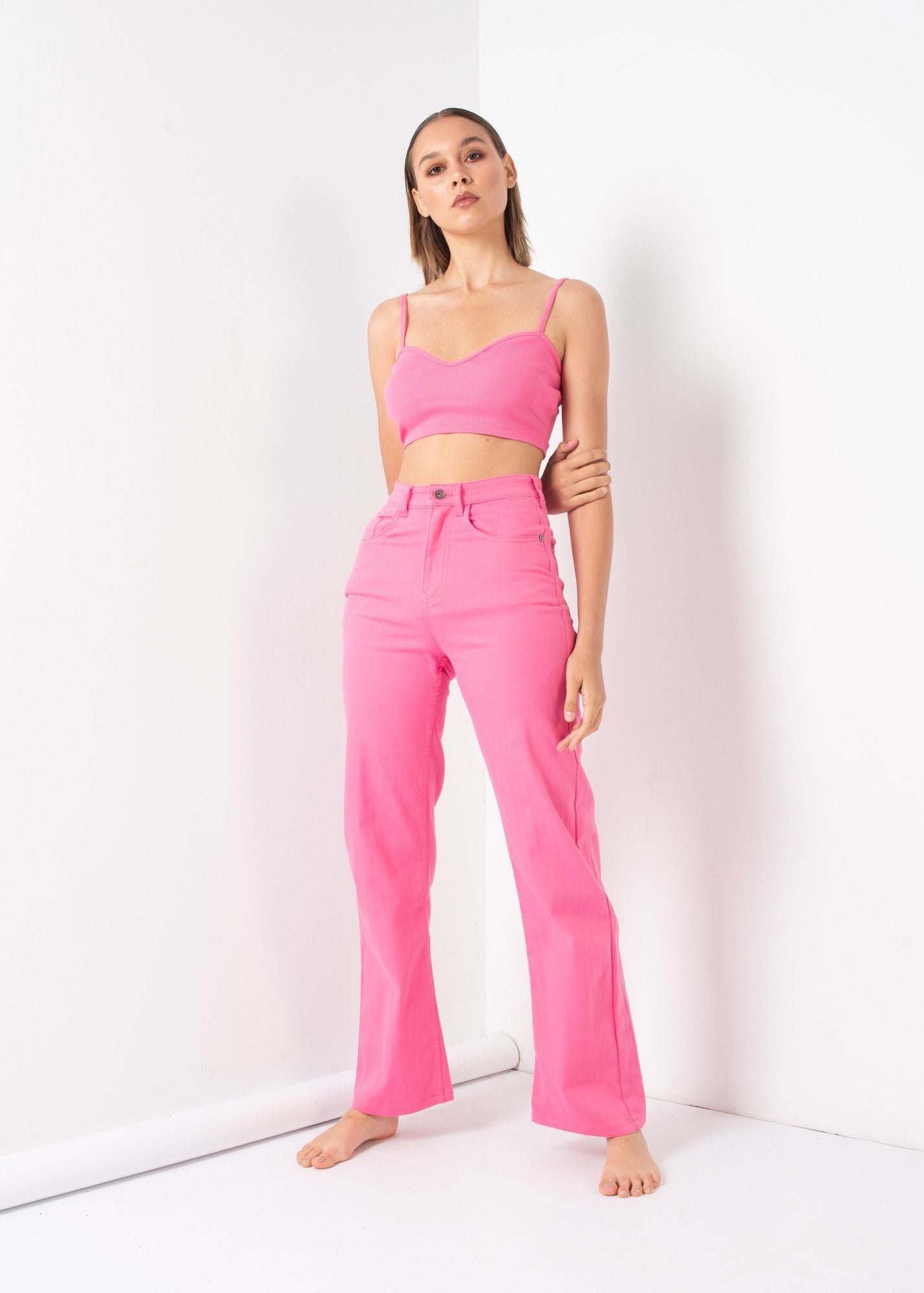 Caraco côtelé rose à bretelles fines