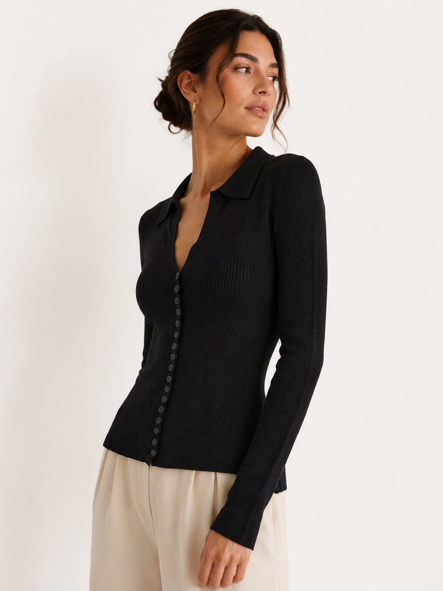 Cardigan col chemise noir profil