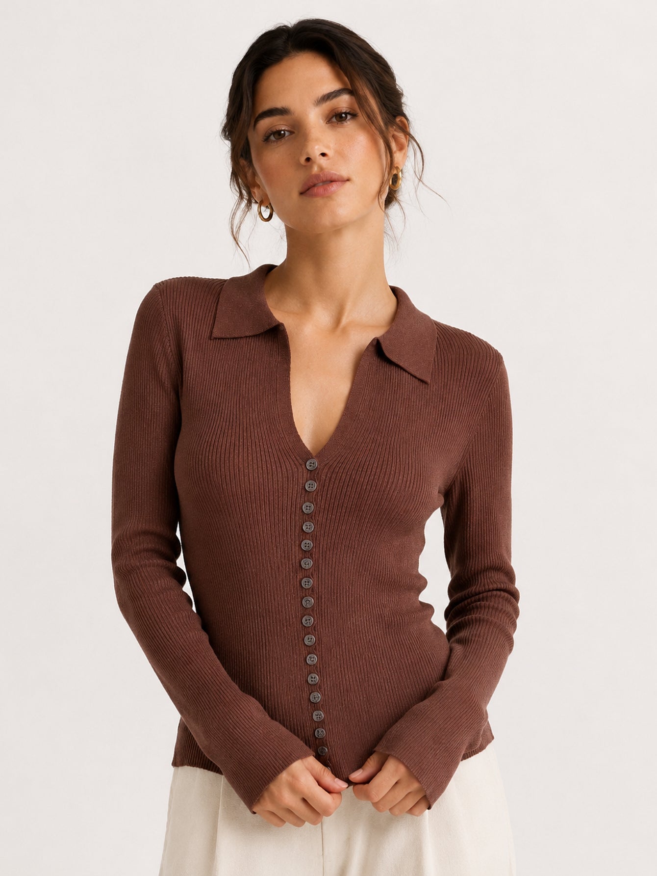 Cardigan côtelé col chemise marron