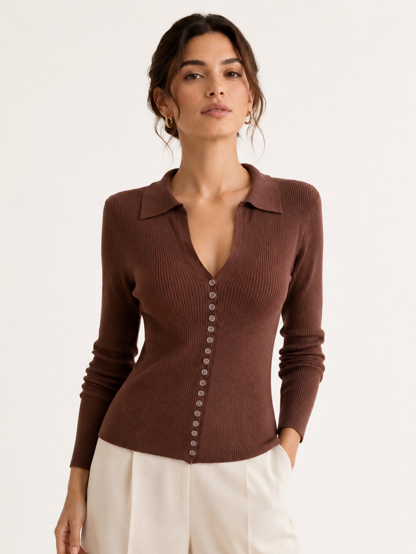 Cardigan marron devant col V