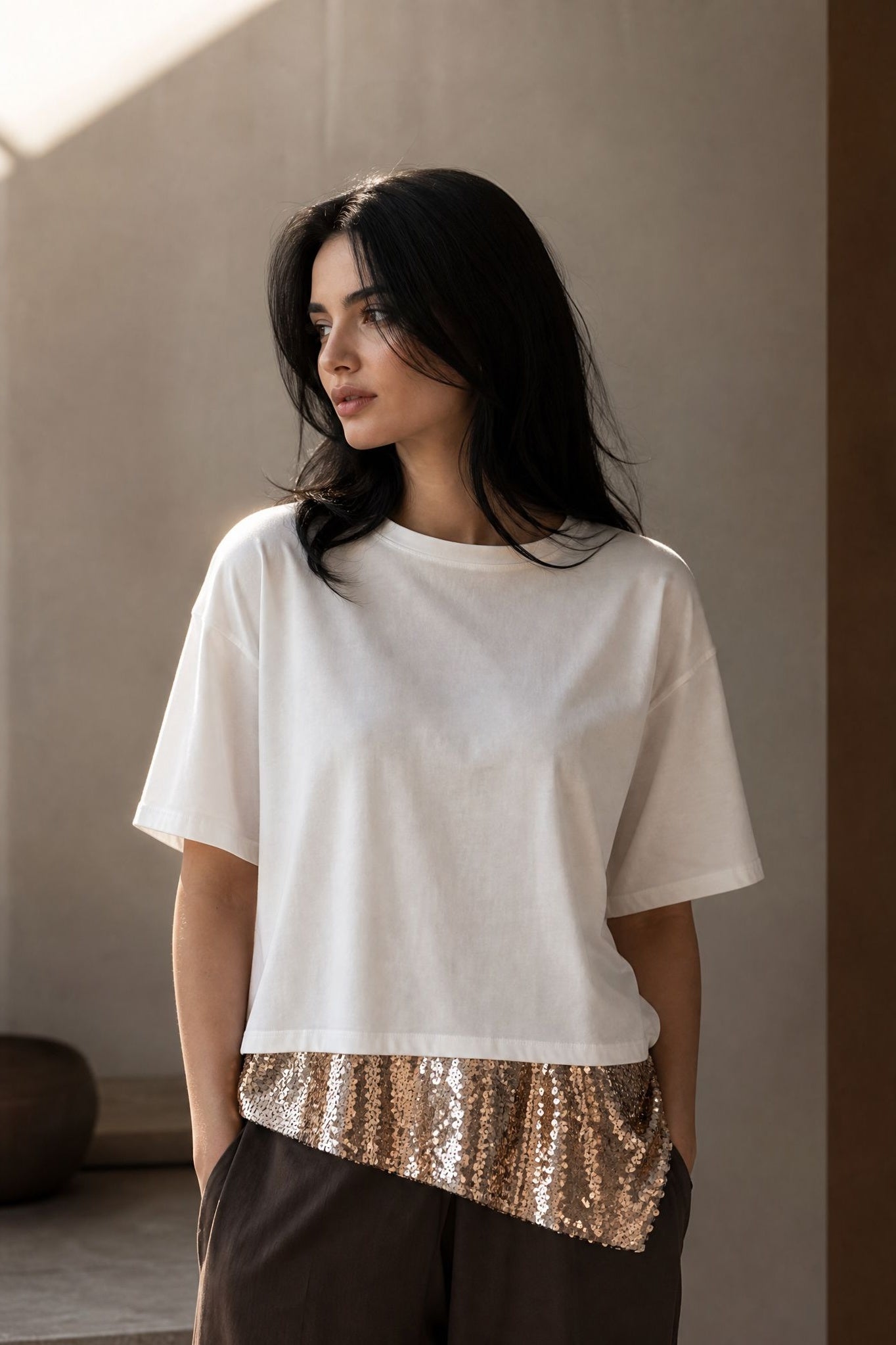 Top crème à sequins coupe ample