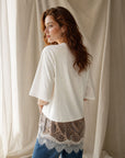 Top crème manches 1 2 sequins et dentelle