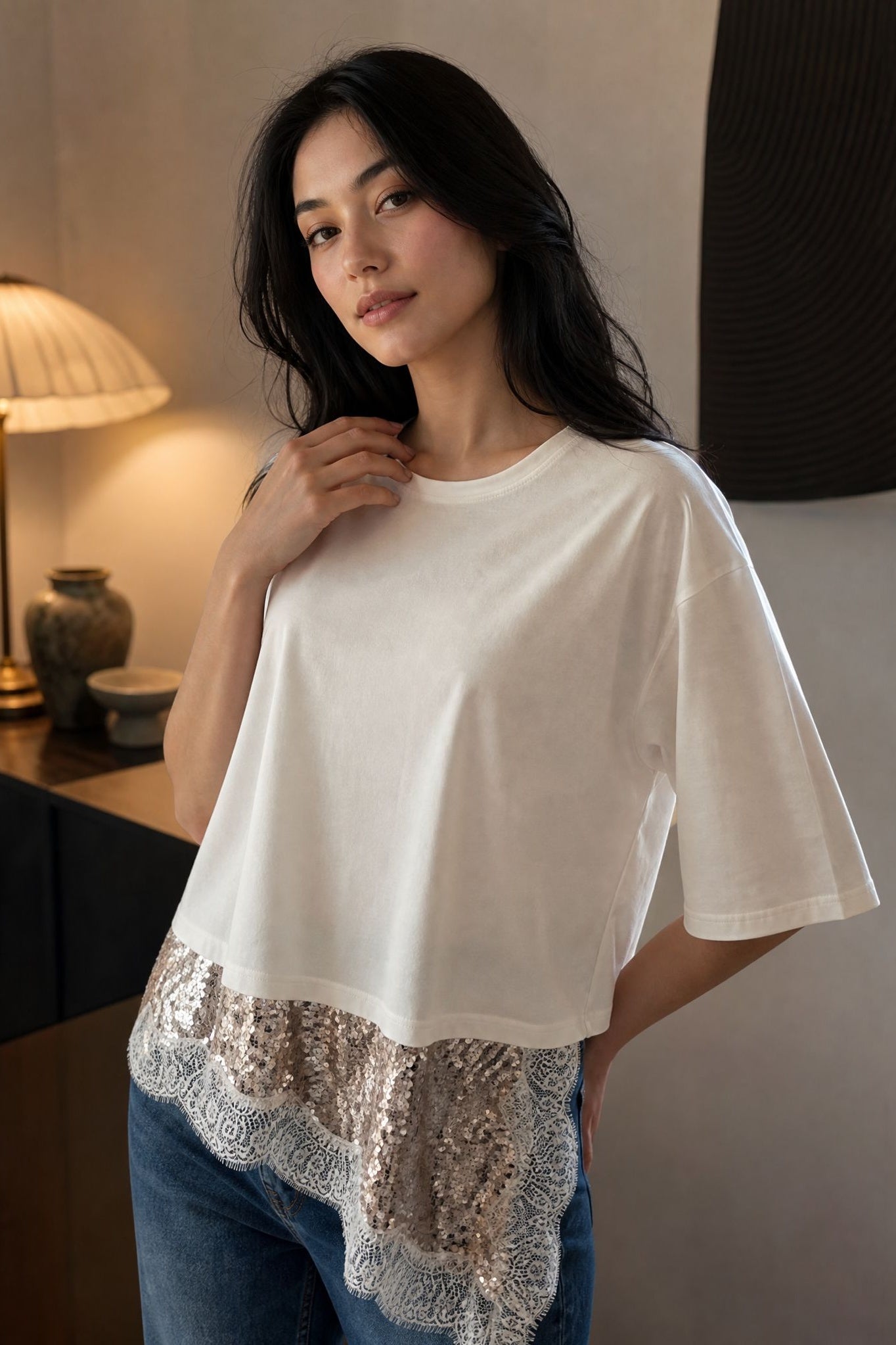 Top crème manches 1 2 sequins et dentelle