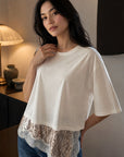 Top crème manches 1 2 sequins et dentelle