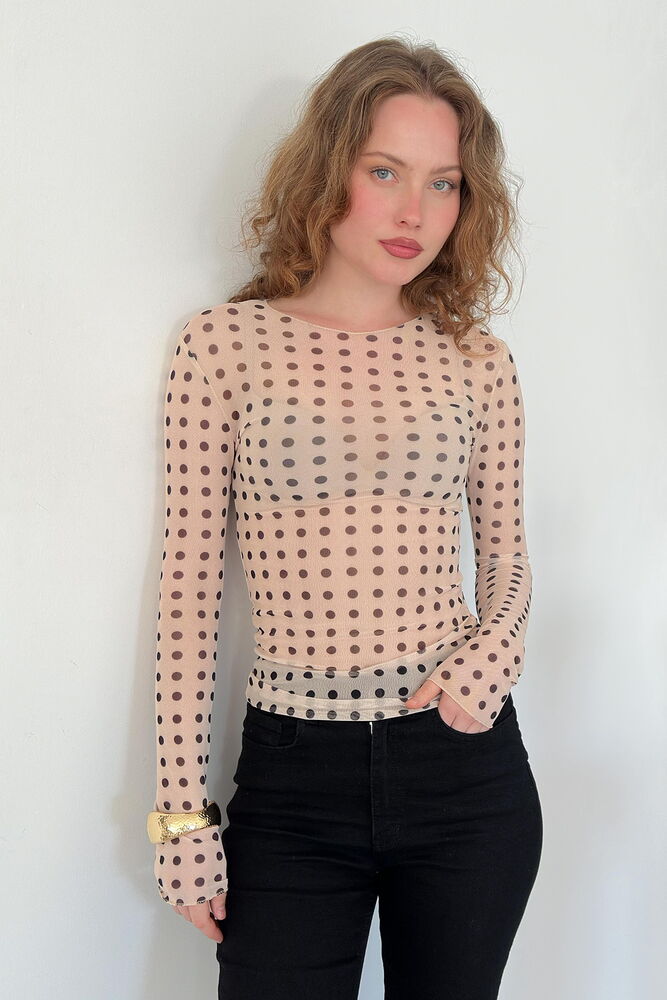 top en tulle beige a pois manches longues image 1