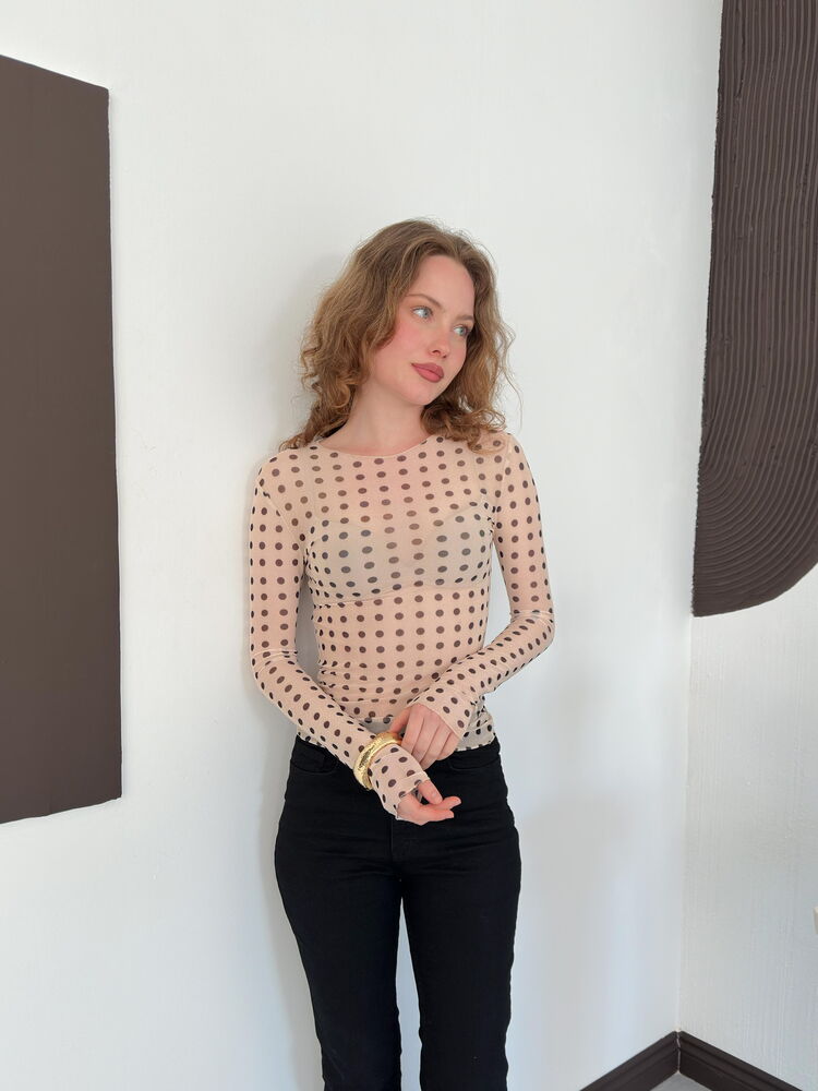top en tulle beige a pois manches longues image 2