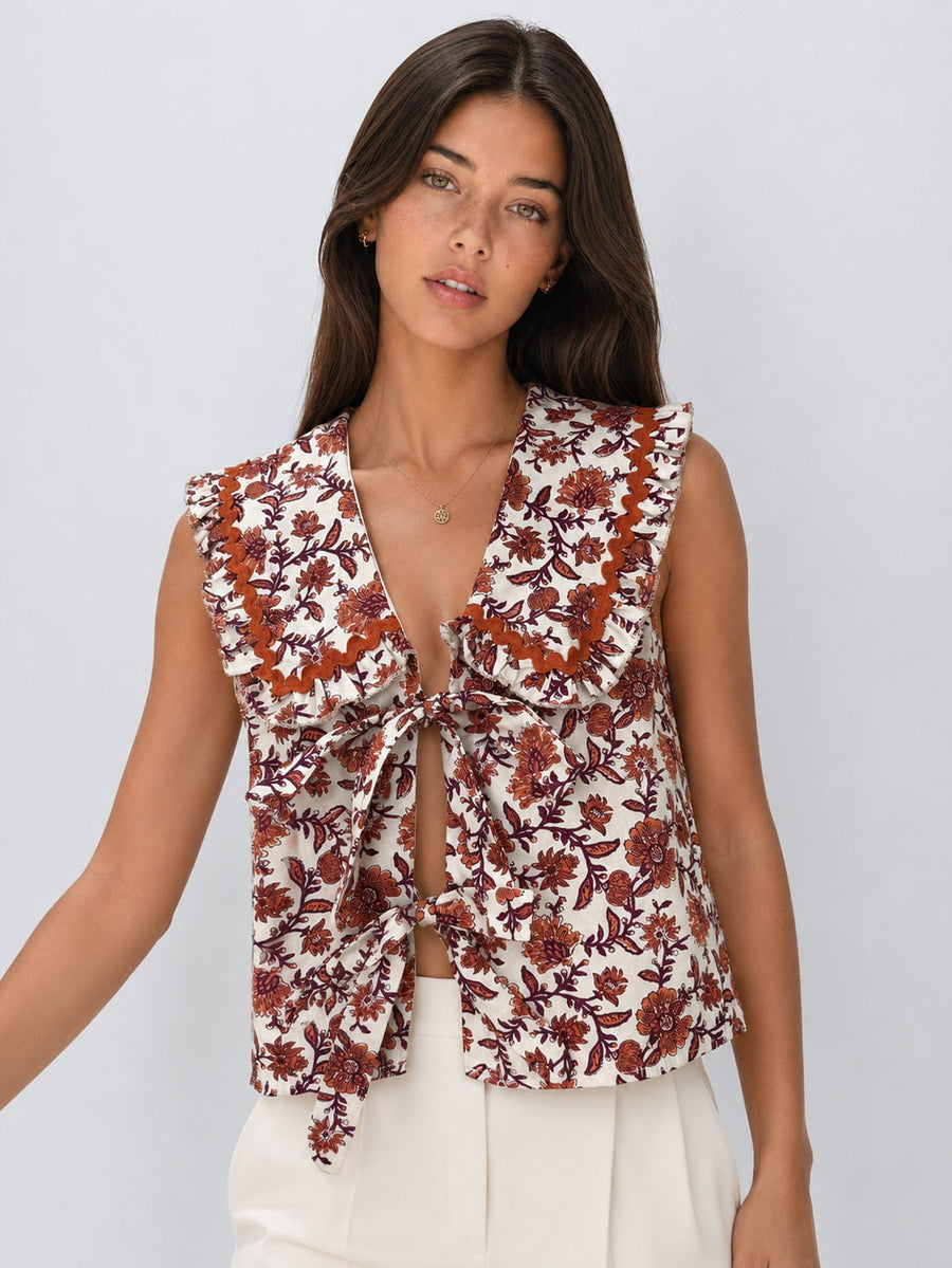 top gilet fleuri a liens col volante image 2