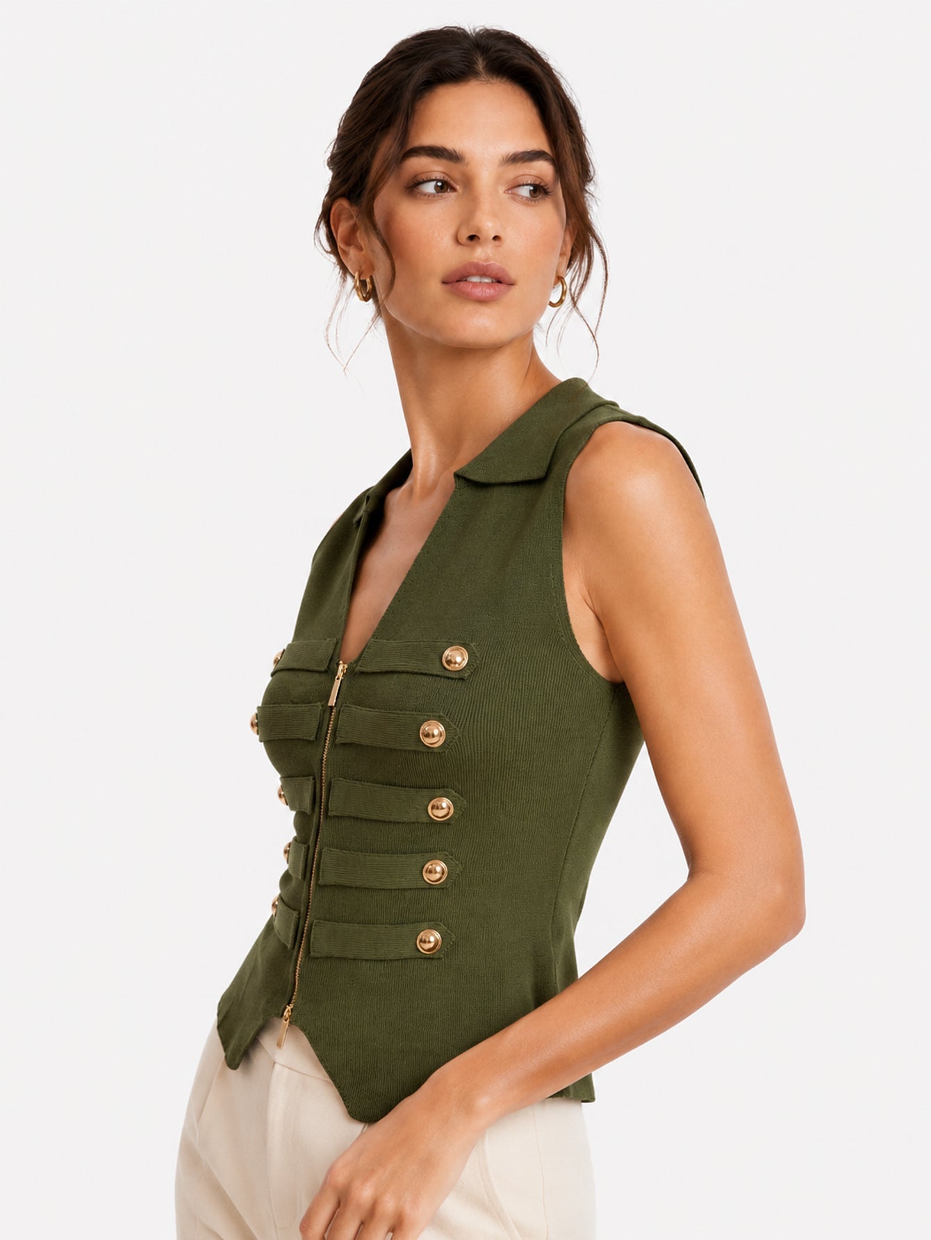 Gilet officier vert zip et boutons dorés