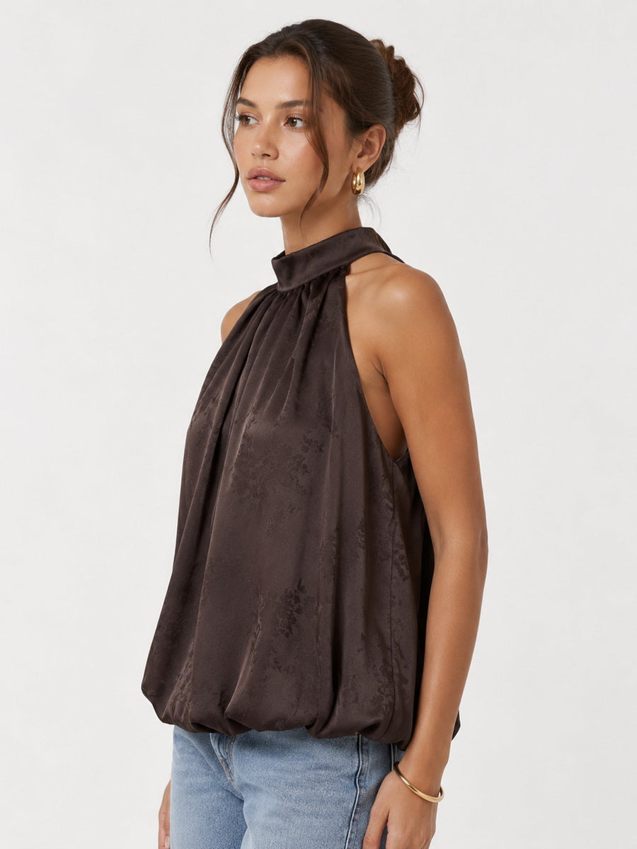 Top halter satiné à ourlet bulle marron