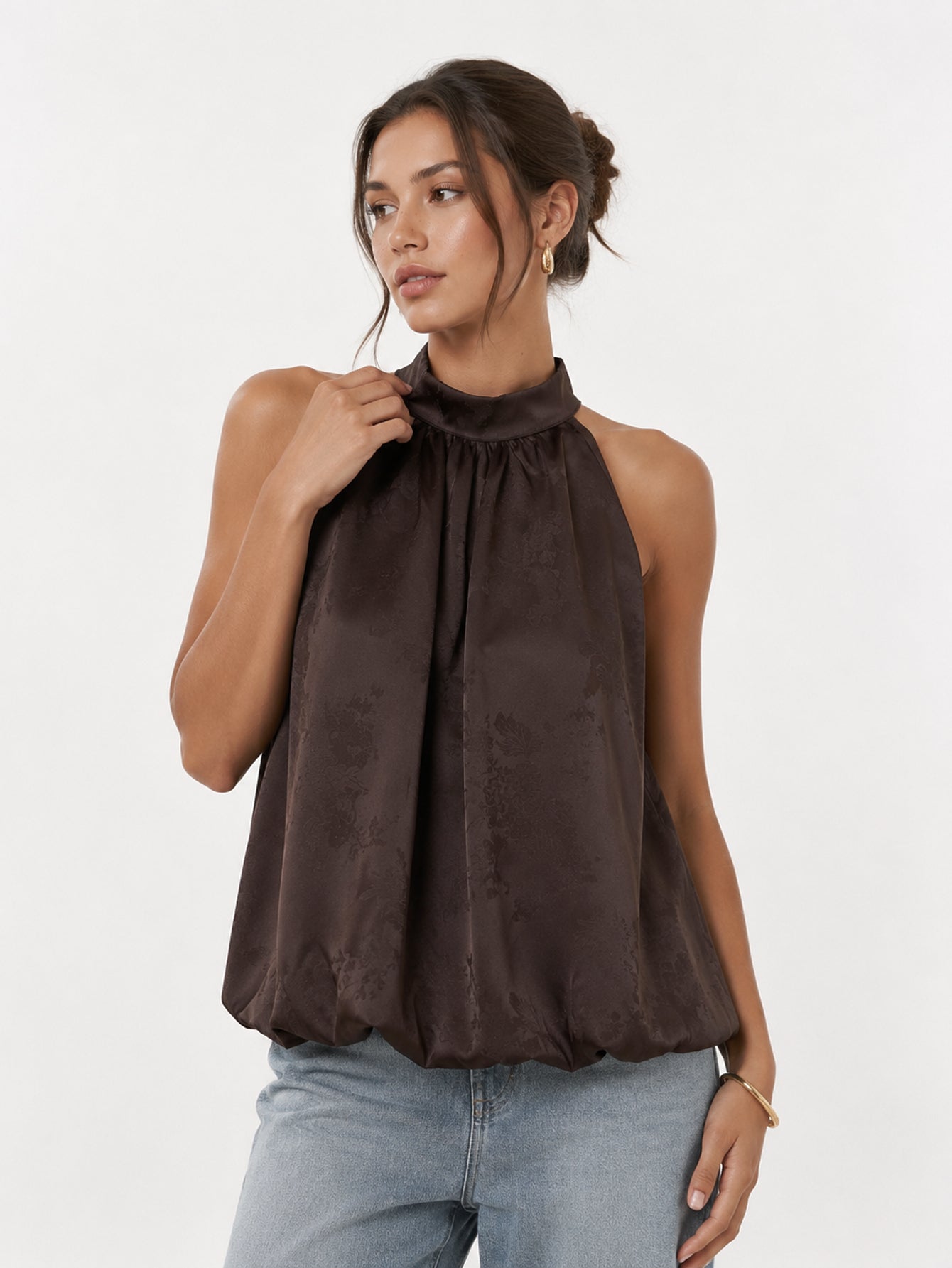 Top halter jacquard à col montant marron