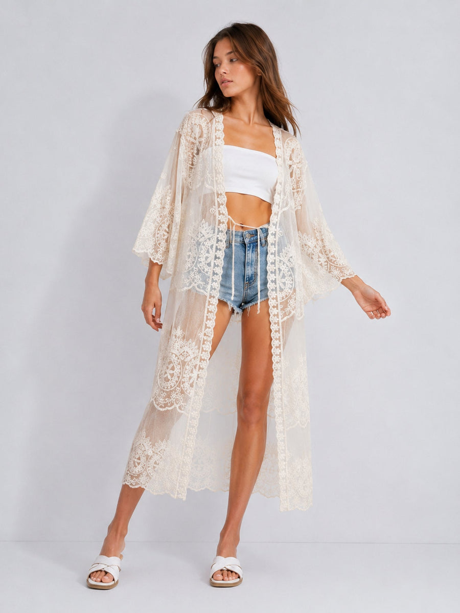 Kimono long dentelle brodée beige