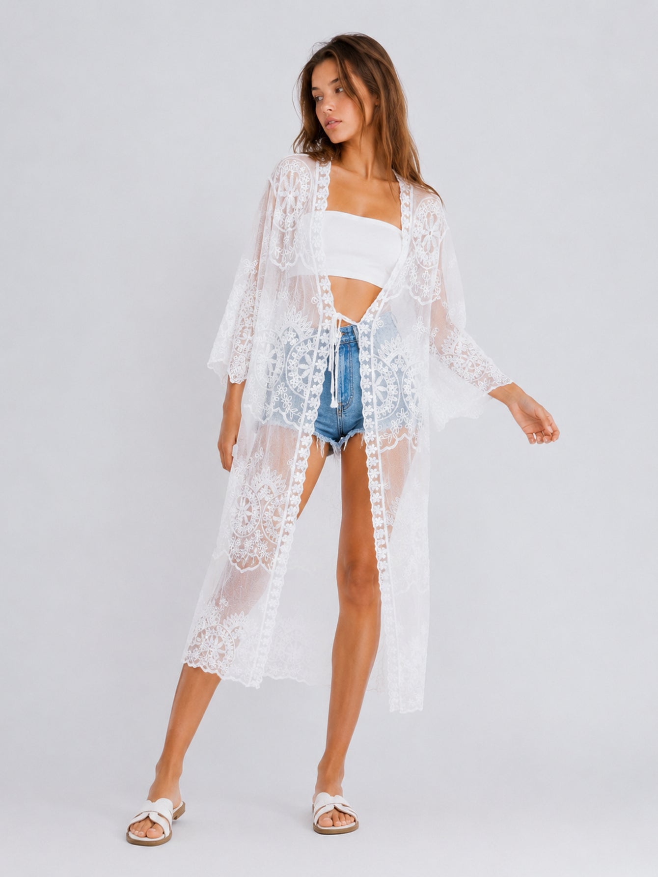 Kimono long dentelle brodée blanc