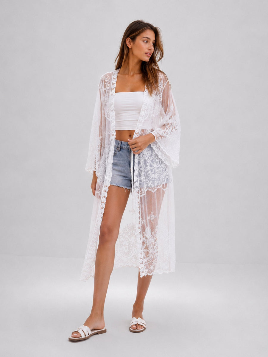 Kimono long blanc noué à la taille
