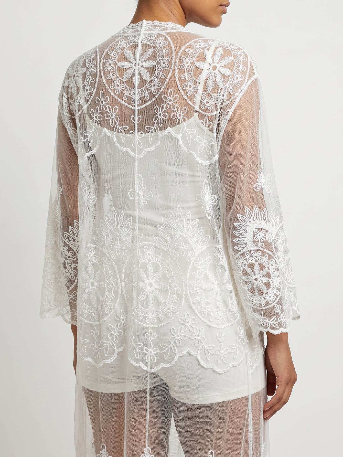Kimono dentelle blanc dos semi‑transparent