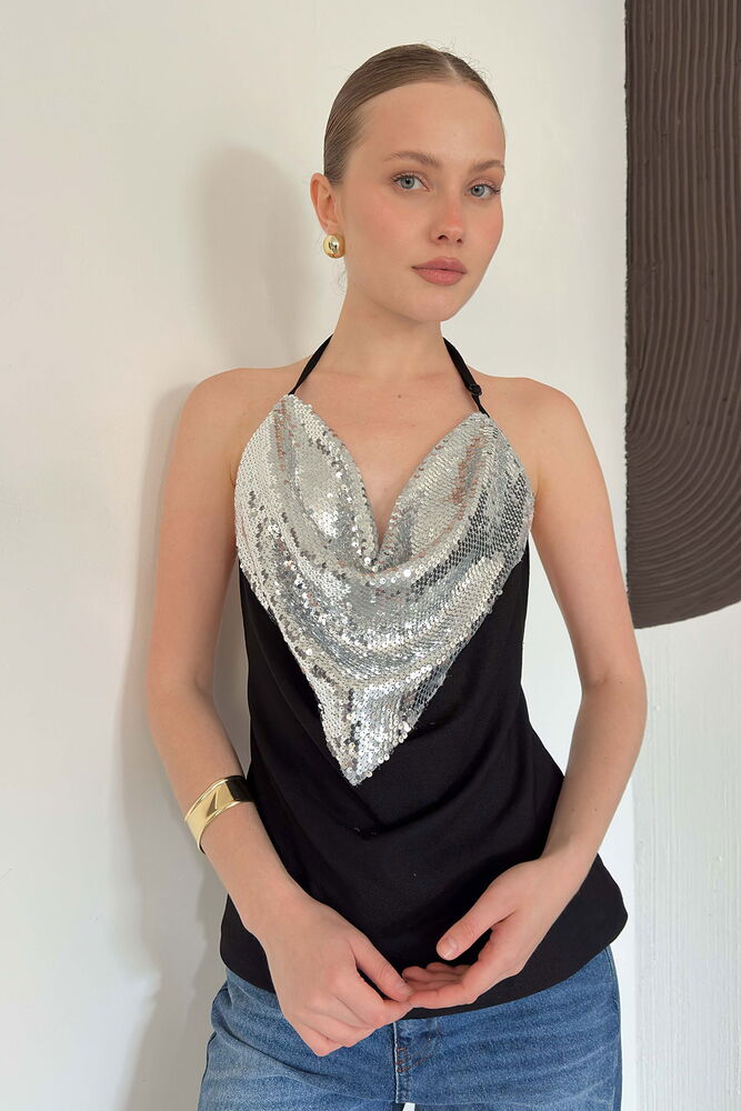 top13875 chemisier noir a paillettes avec encolure licou image 1