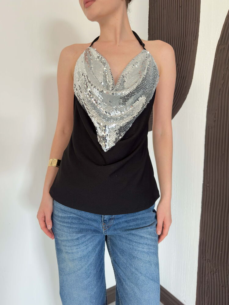 top13875 chemisier noir a paillettes avec encolure licou image 4